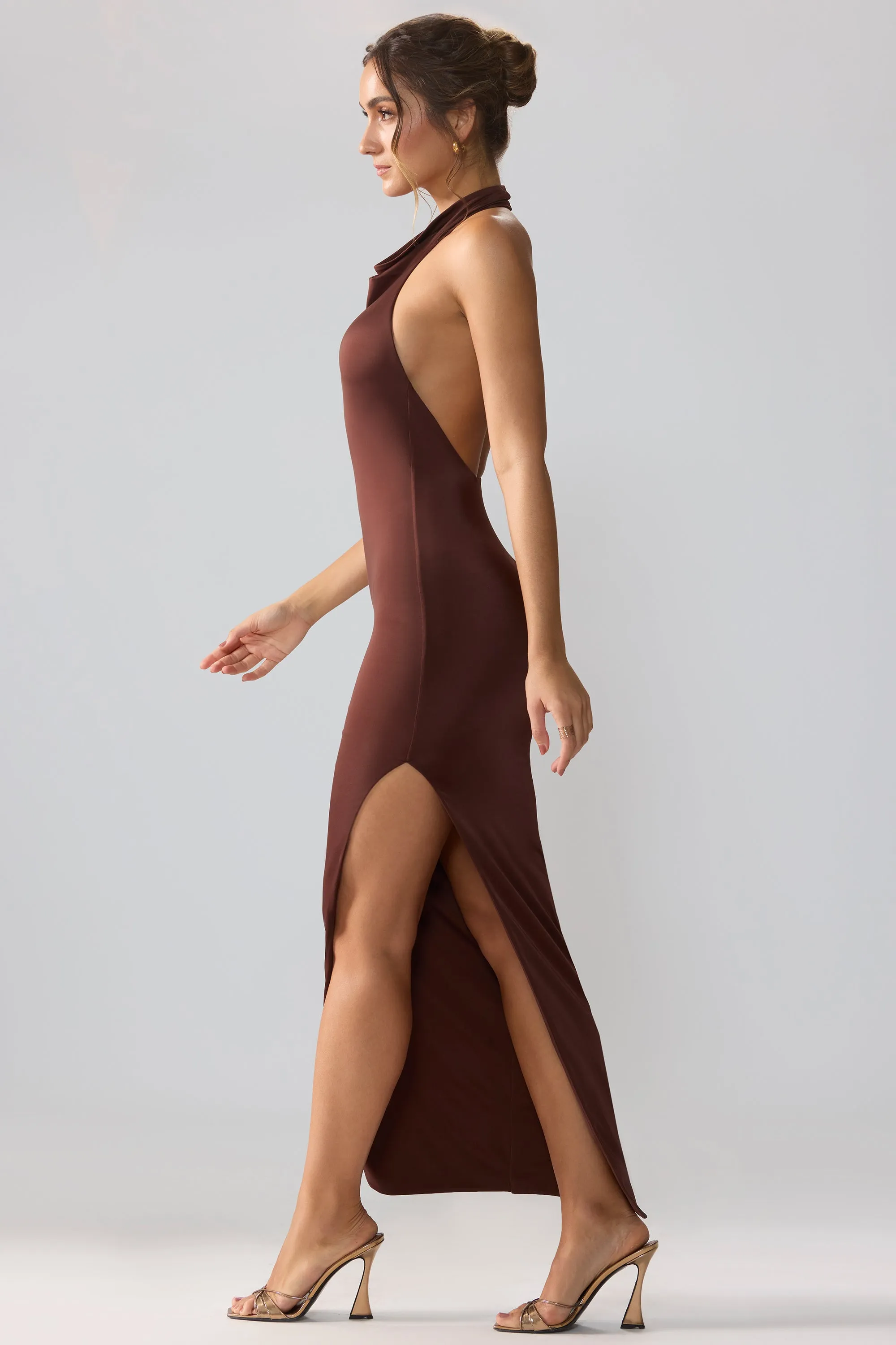 Gorgeous floor-length style Creek View Premium Jersey Cowl Neck Backless Maxi Dress in Espresso