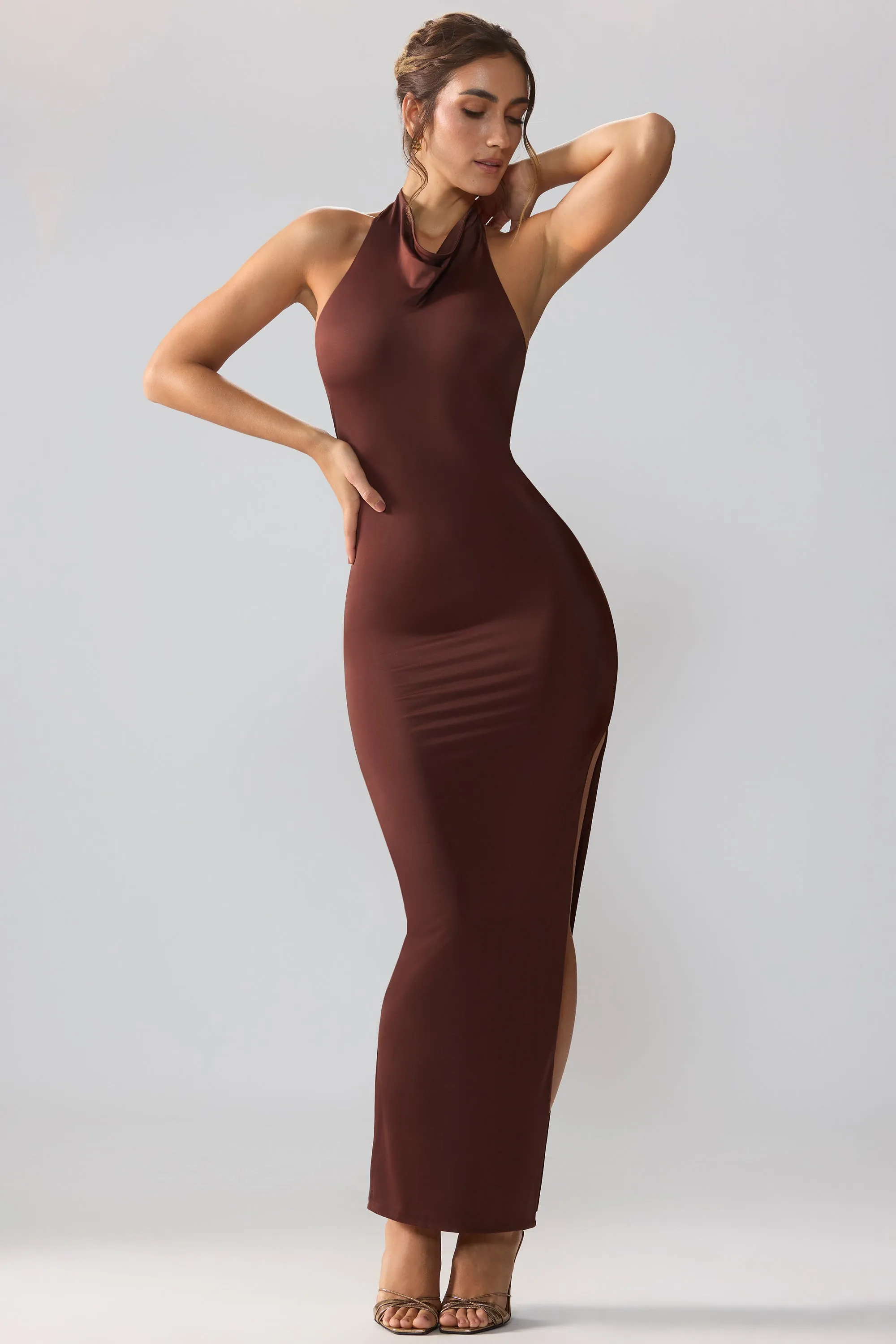 Designed with comfort in mind this dress is perfect for all-day wear Premium Jersey Cowl Neck Backless Maxi Dress in Espresso