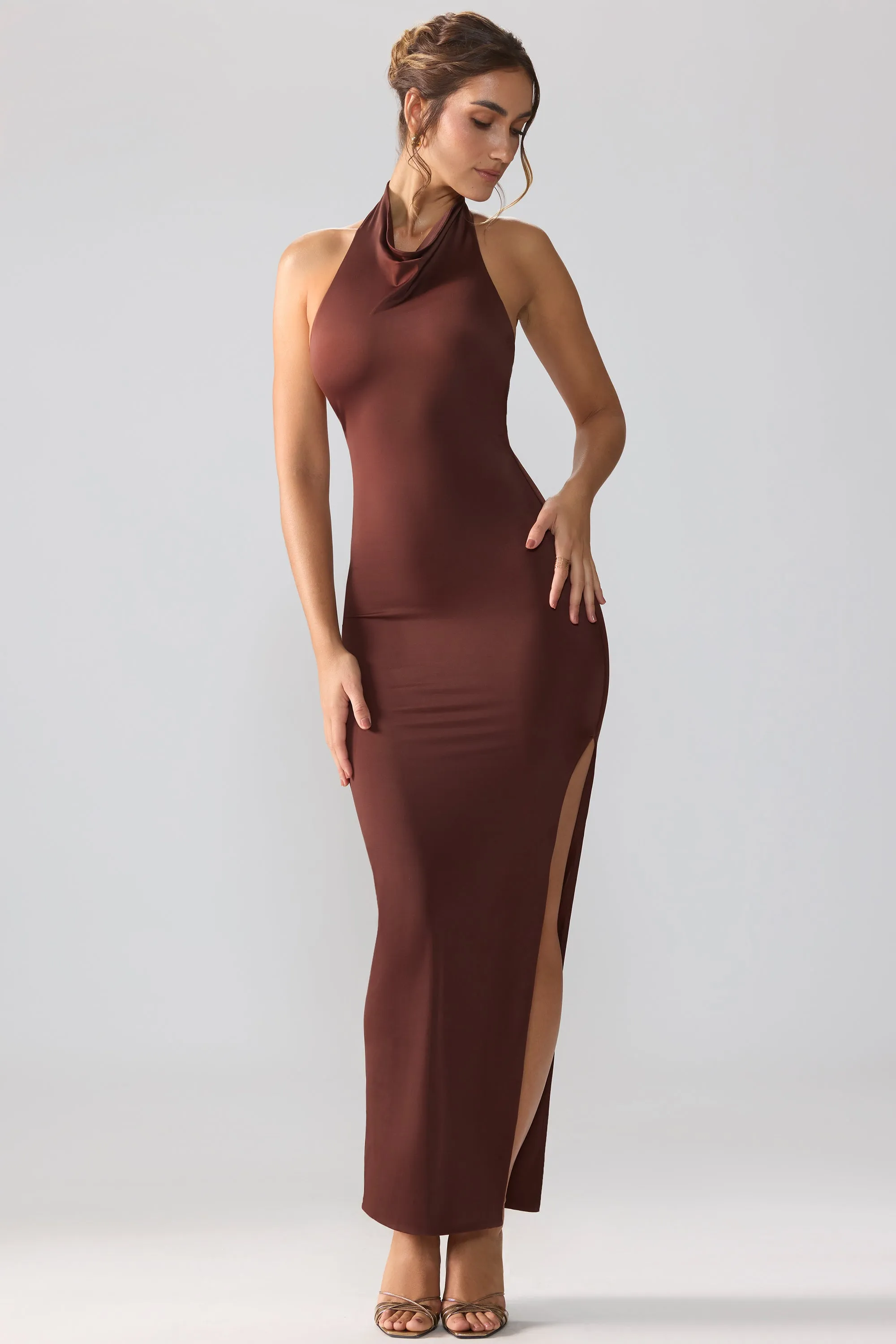 Sunbeam Flow Premium Jersey Cowl Neck Backless Maxi Dress in Espresso