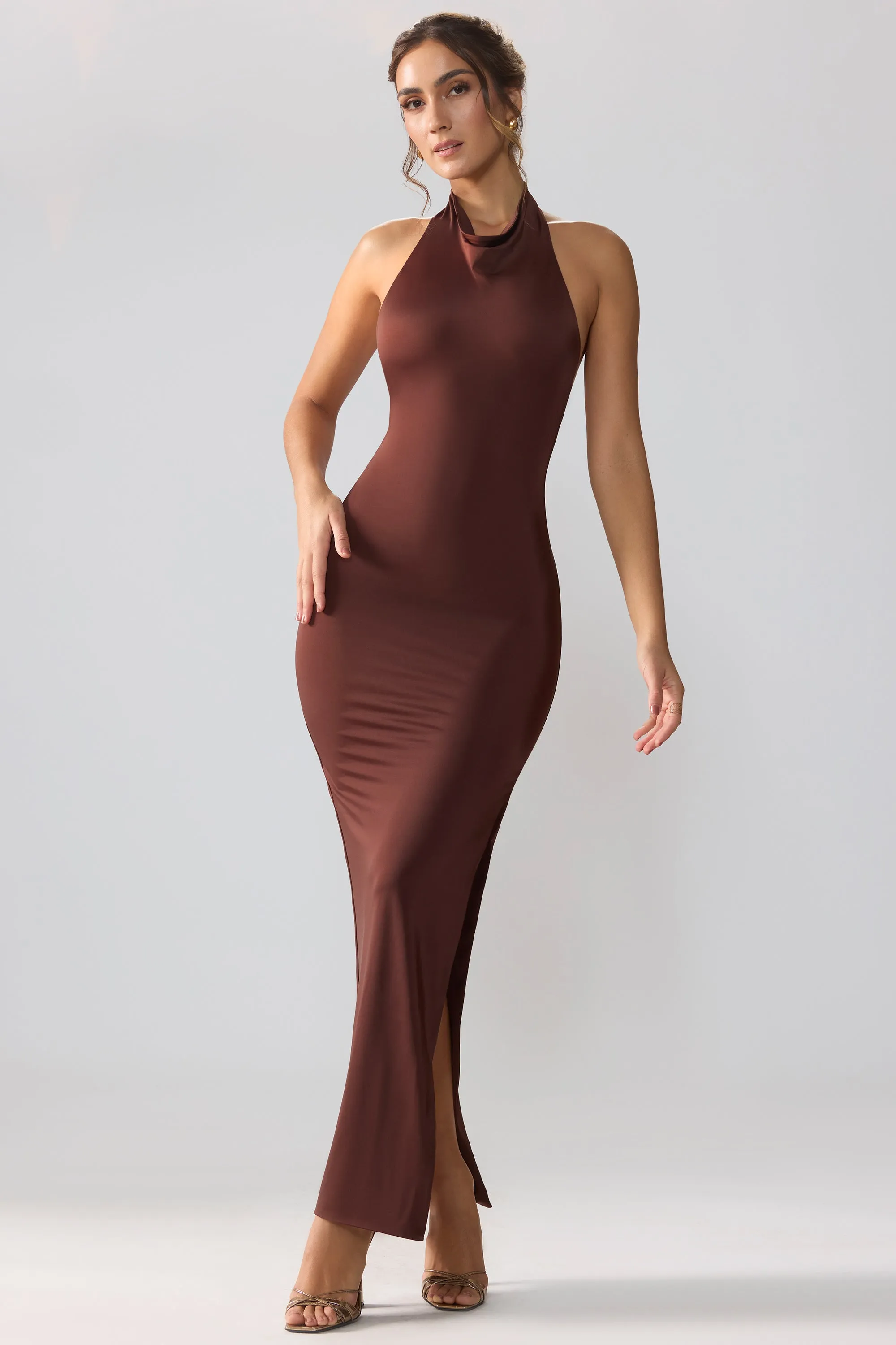 Moon Beam Premium Jersey Cowl Neck Backless Maxi Dress in Espresso
