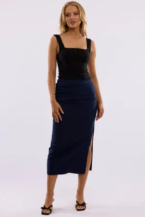 Blue Gathered Midi Skirt High Rise Bengaline Split Chill Look
