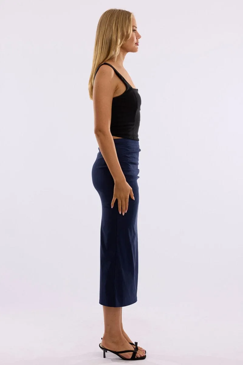 Winter Staple Blue Gathered Midi Skirt High Rise Bengaline Split