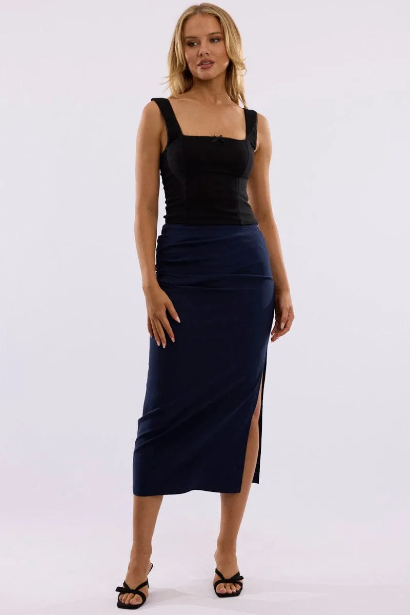 Blue Gathered Midi Skirt High Rise Bengaline Split Chill Look