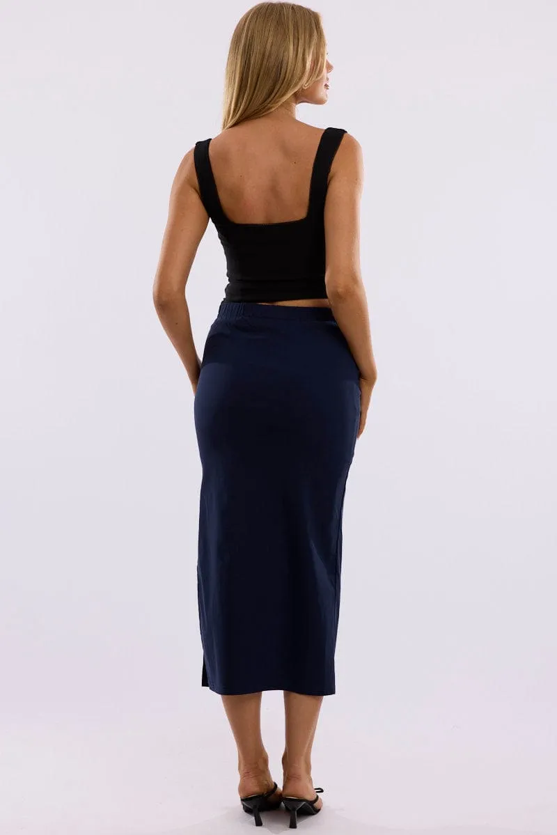 Blue Gathered Midi Skirt High Rise Bengaline Split Classic Fit