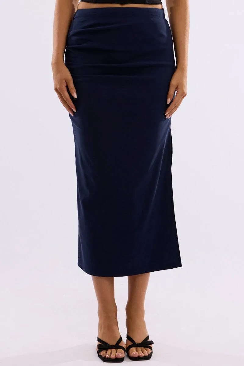 Blue Gathered Midi Skirt High Rise Bengaline Split Casual Edge Artisanal Craft