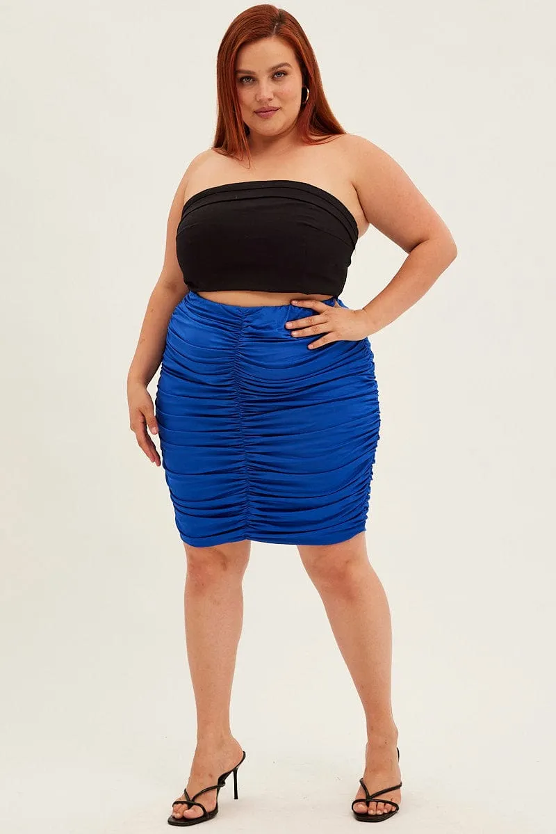 Blue Mini Skirt Ruched Wrinkle Resistant