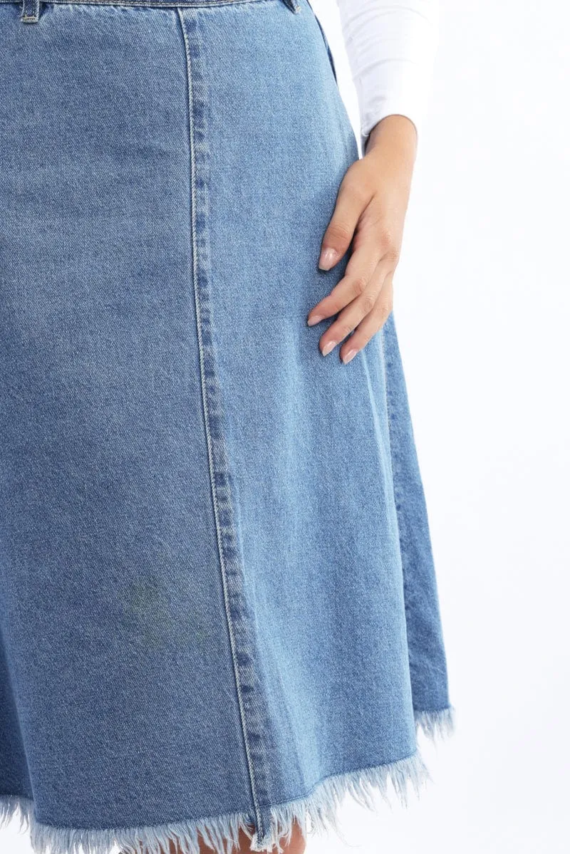 Double Layered Design Mid Rise Denim Midi Denim Skirt