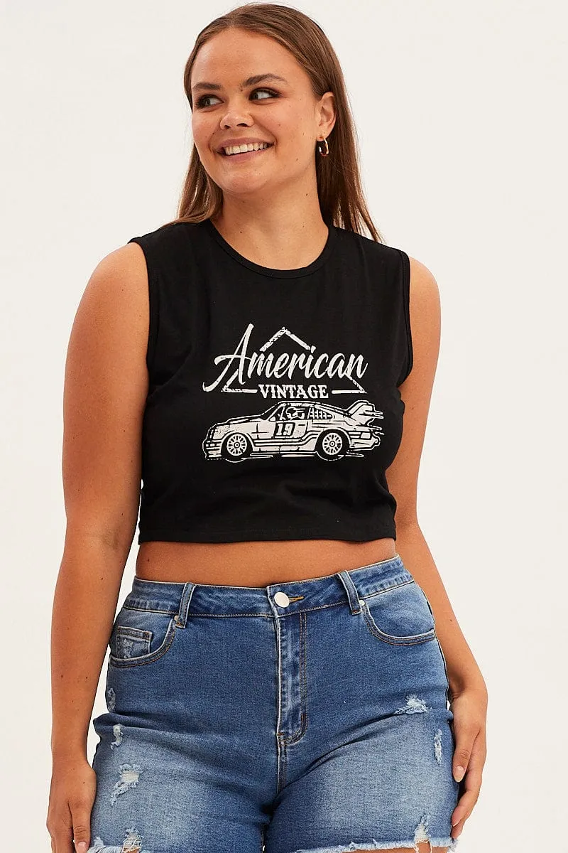 Black American Car Sleeveless Contrast Graphic Tank Top Comfy Fit Wear