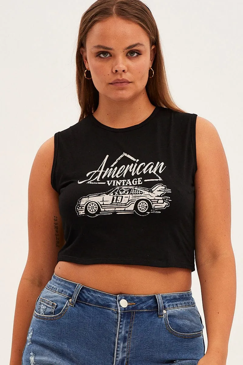 Urban Fashion Look Black American Car Sleeveless Contrast Graphic Tank Top