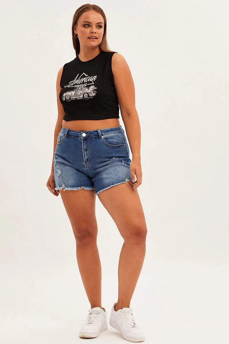 Black American Car Sleeveless Contrast Graphic Tank Top Double Stitched Hem Comfortable And Trendy