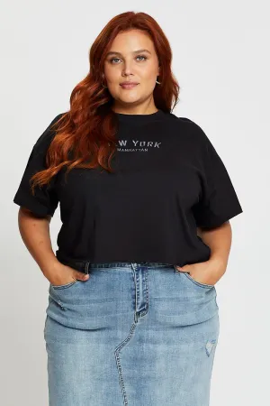 Indoor Comfort Black Crop T-shirt New York Embroidered Cotton Semi