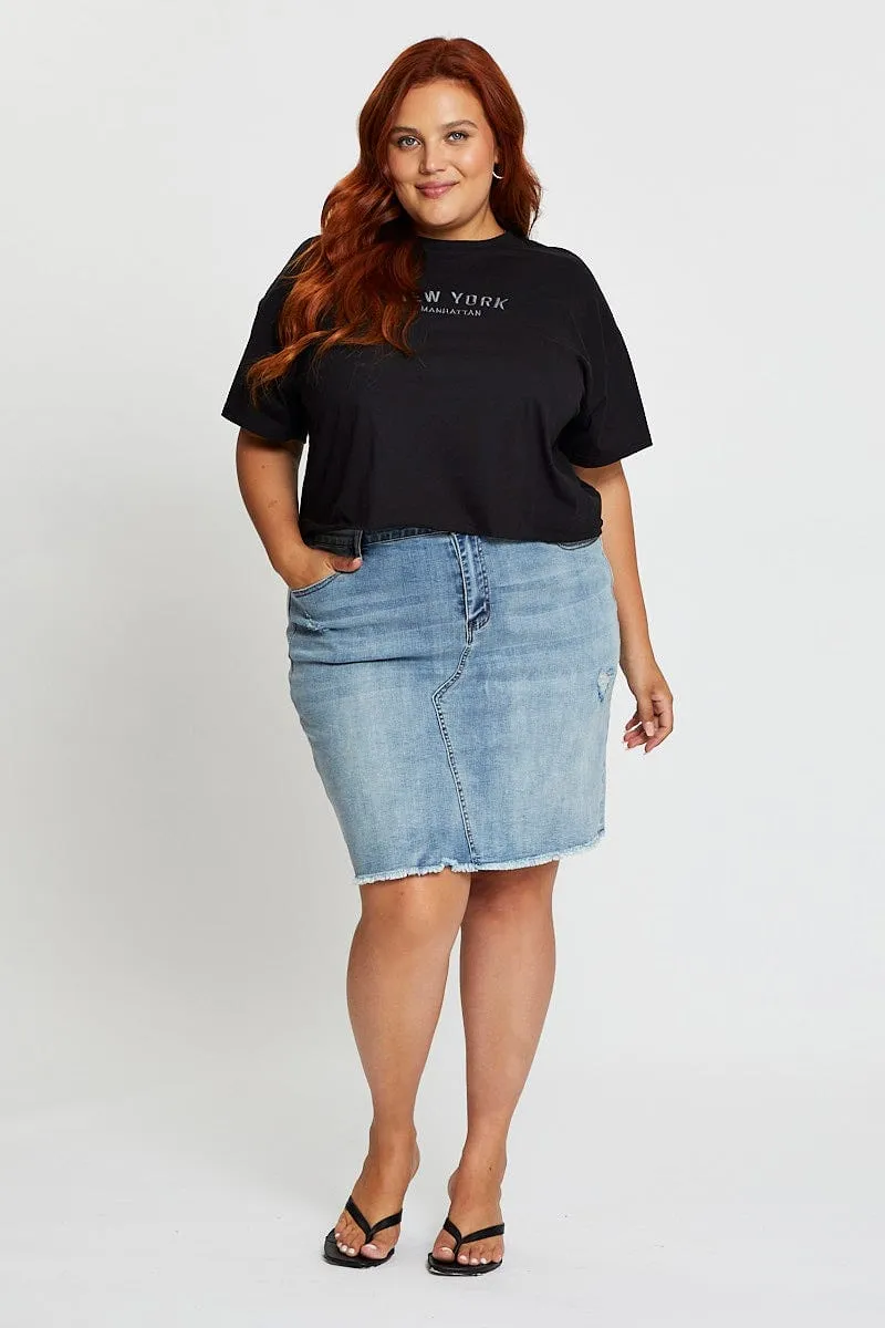 Fashion Forward Black Crop T-shirt New York Embroidered Cotton Semi