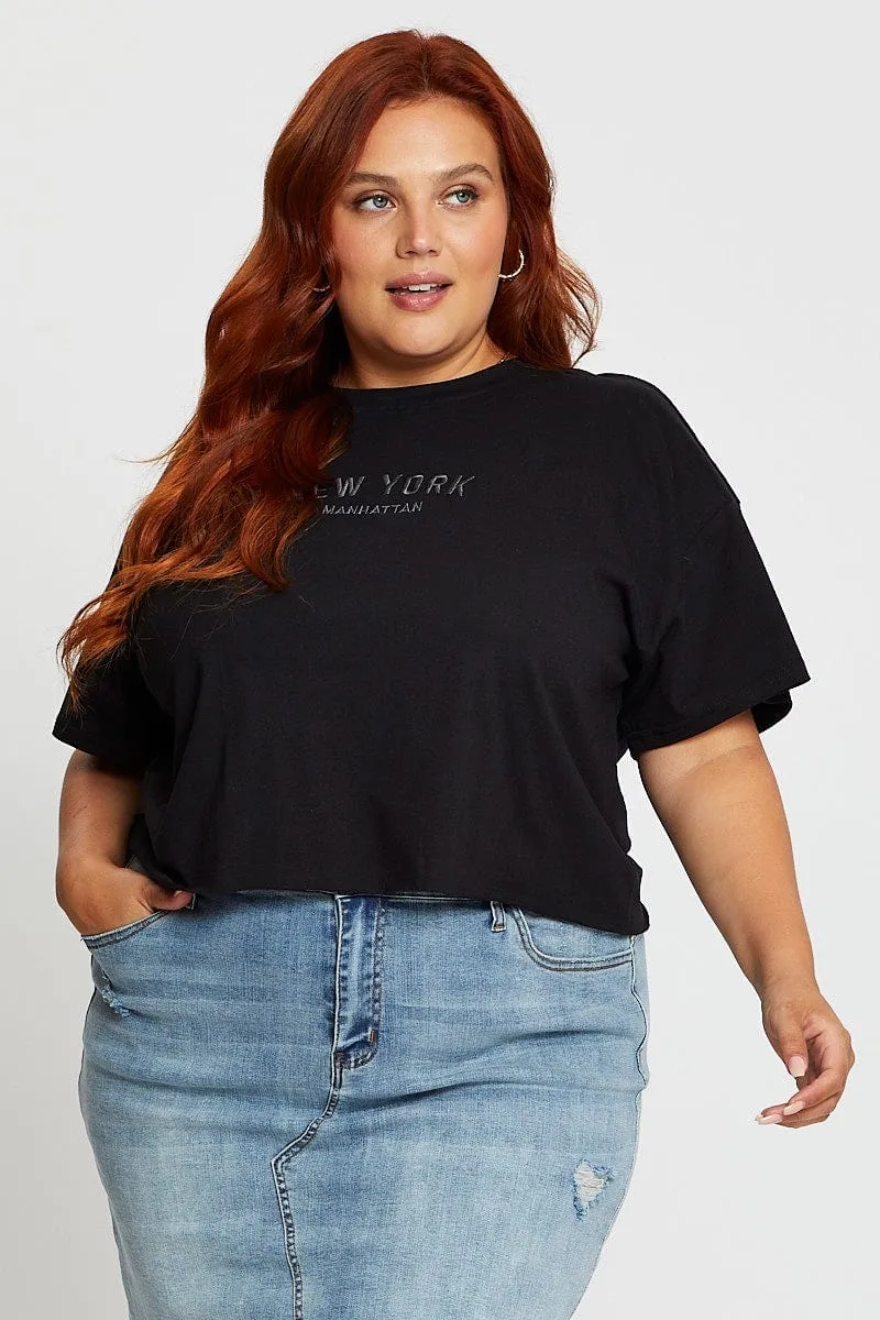 Black Crop T-shirt New York Embroidered Cotton Semi TemperatureRegulating Travel Style Trend