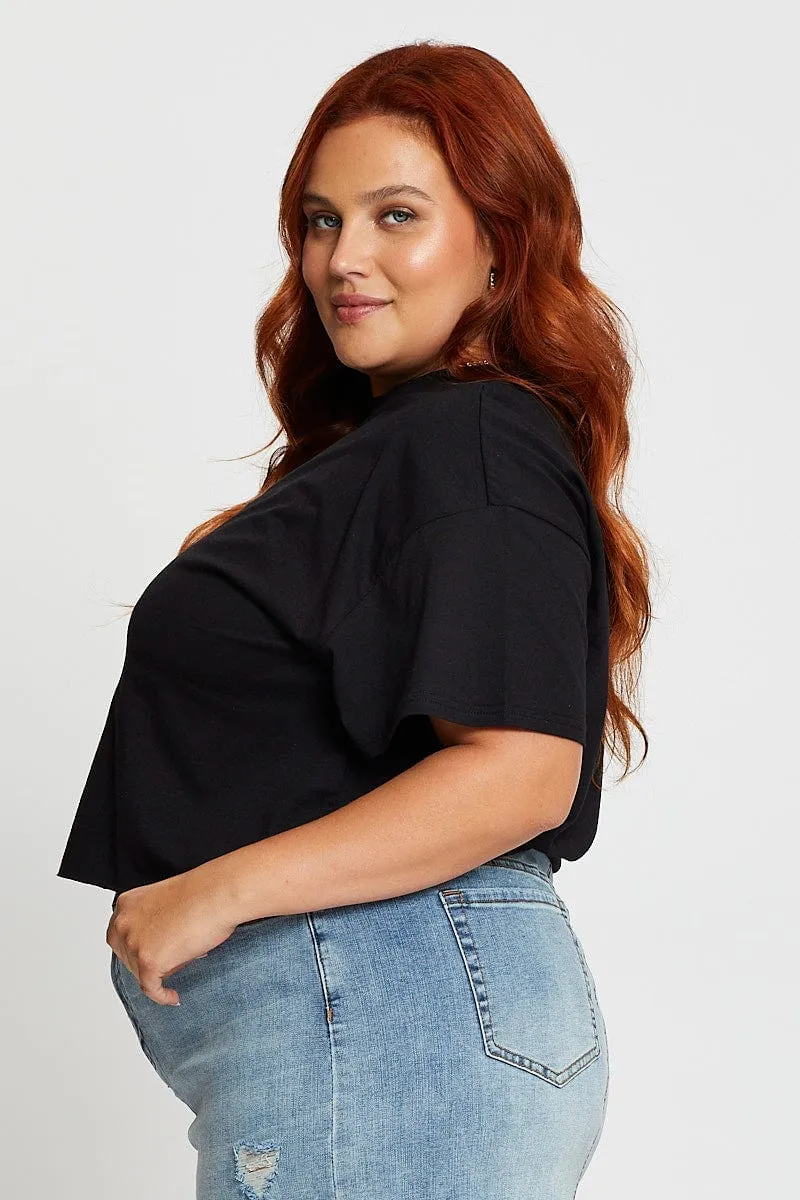Modern Layering Black Crop T-shirt New York Embroidered Cotton Semi
