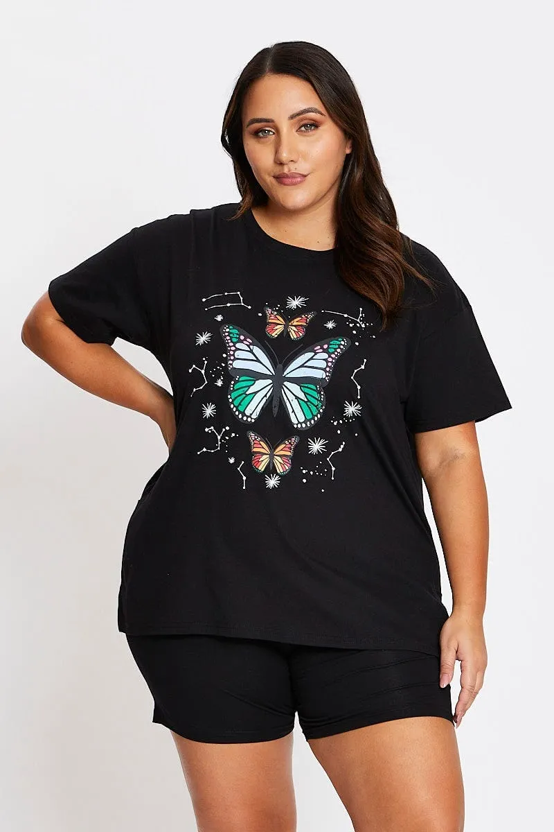 Black Short Sleeve Butterfly Side Split T-shirt Active Look