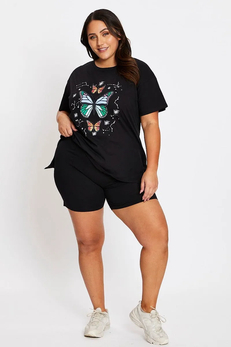 UV Protection Basic Wear Black Short Sleeve Butterfly Side Split T-shirt