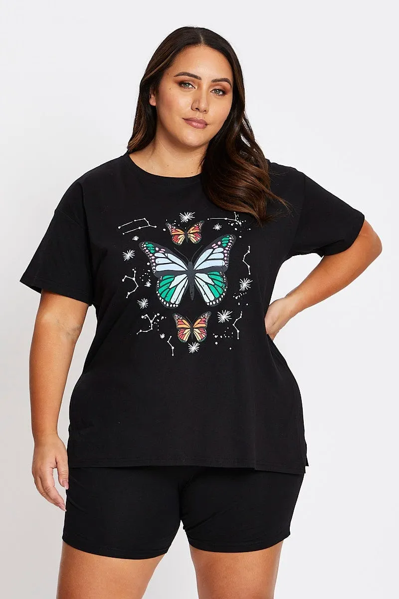 Day-to-Night Look Sleeveless Black Short Sleeve Butterfly Side Split T-shirt