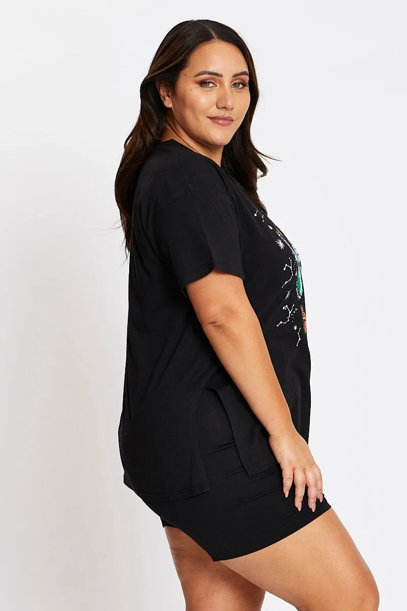 Black Short Sleeve Butterfly Side Split T-shirt Recycled Polyester Blend Cool and casual