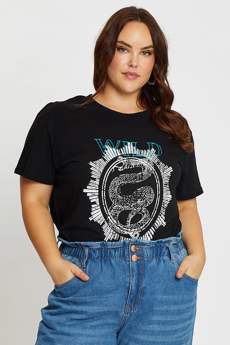 Black Short Sleeve Wild Print Regular T-shirt Fashion Layering Tight Fit