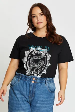 Black Short Sleeve Wild Print Regular T-shirt Stylish Layering Easy-to-Match