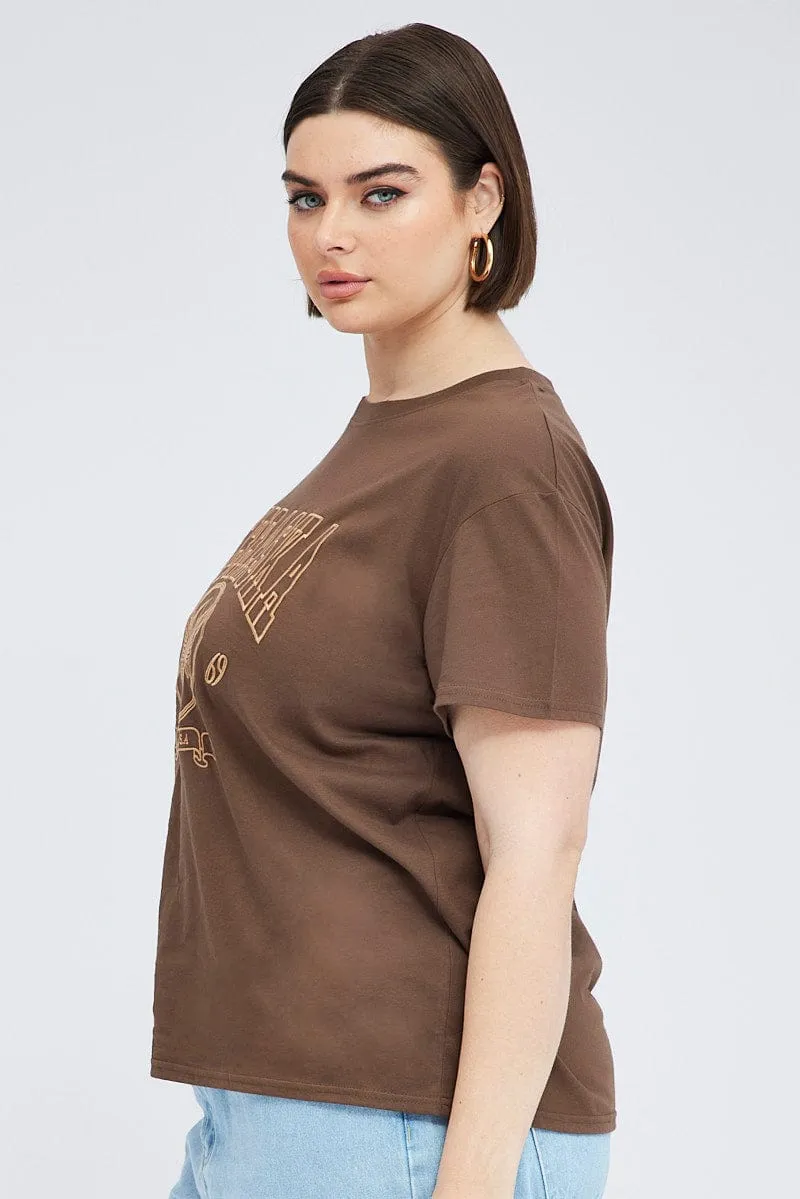 Cozy Comfort Look Brown Graphic T-shirt Short Sleeve Crew Neck