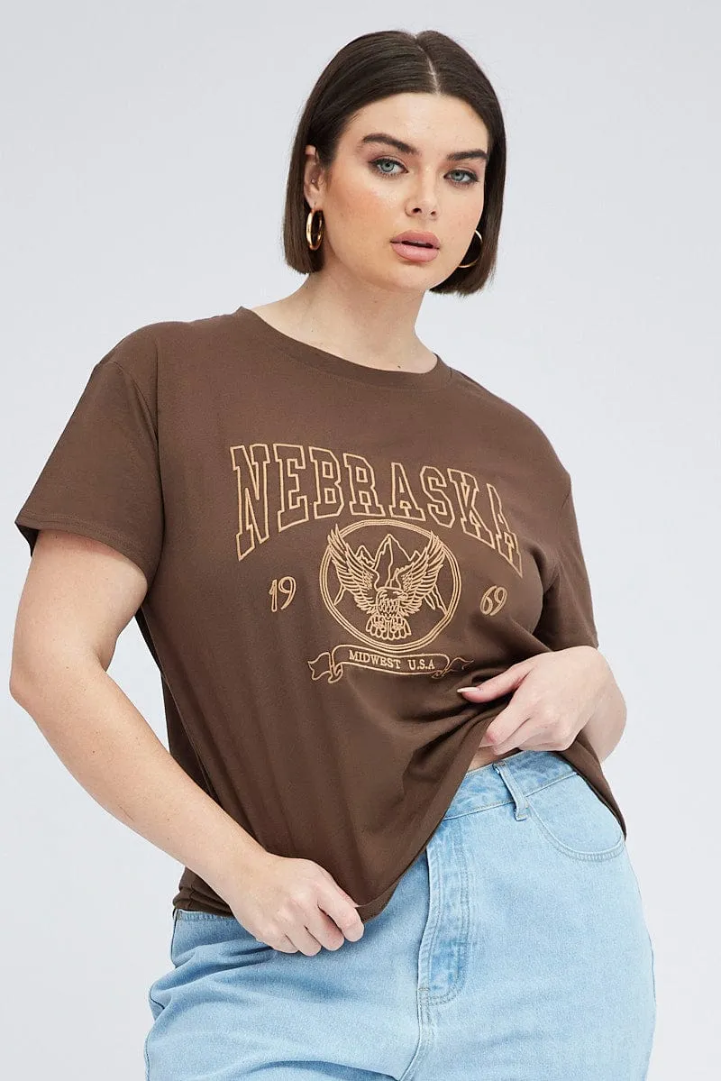 Smart Fit V neck elegance Brown Graphic T-shirt Short Sleeve Crew Neck