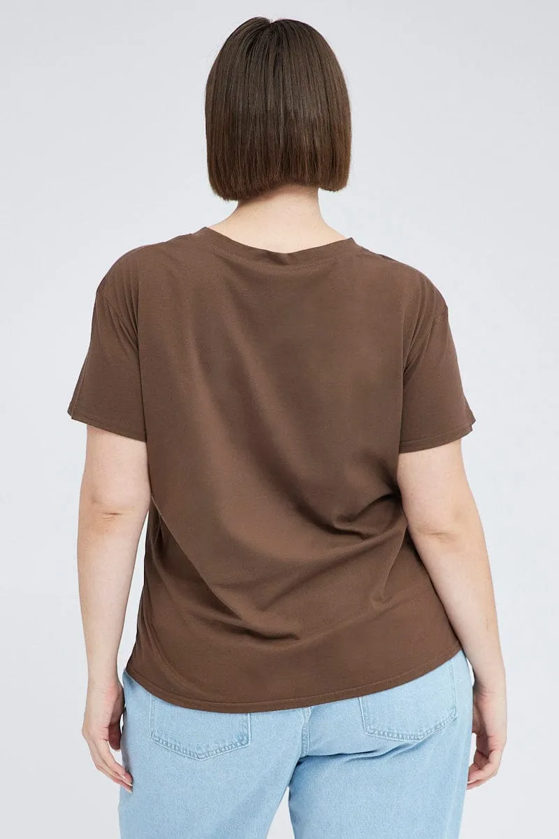 Trendy popularity Effortless Wear Brown Graphic T-shirt Short Sleeve Crew Neck