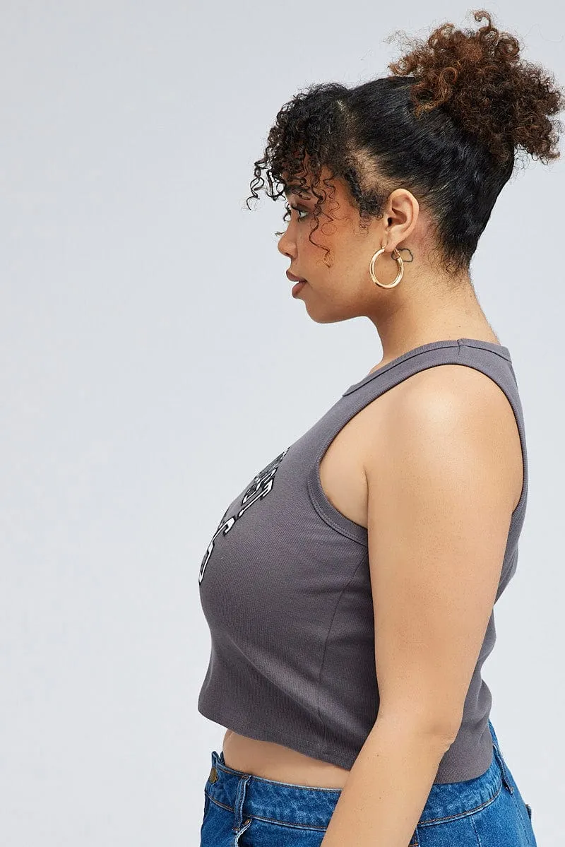 Flexible Shoulder Seams Grey Rib Tank Top With Embroidery