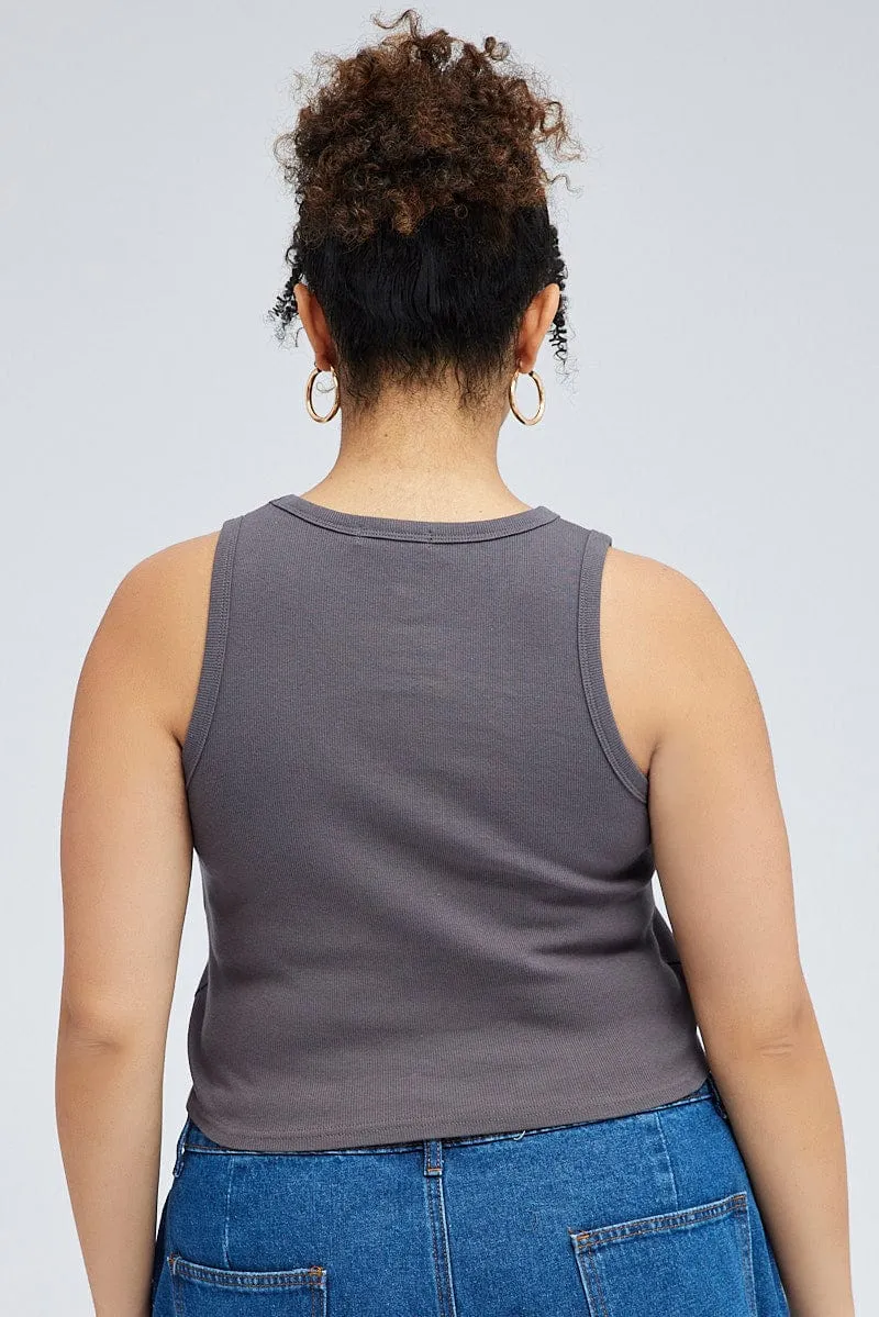 Modern Comfort Style Grey Rib Tank Top With Embroidery
