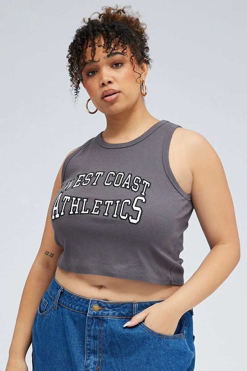 Active Comfort Grey Rib Tank Top With Embroidery