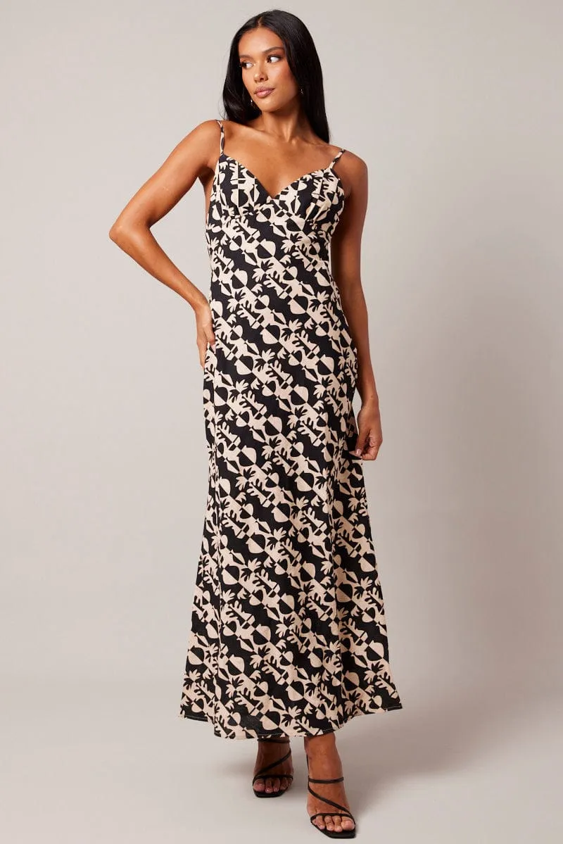 Black Abstract Maxi Dress Strappy Blossom View Loose Fit