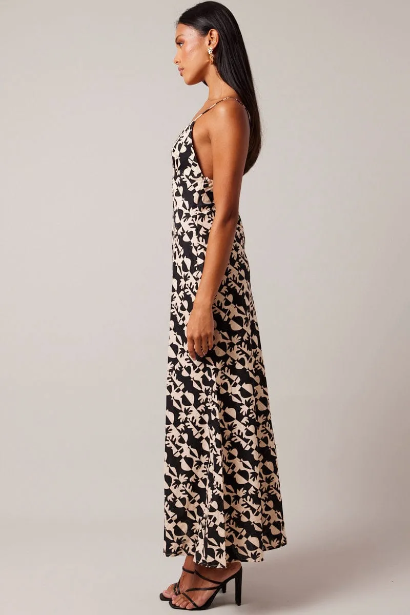 Black Abstract Maxi Dress Strappy Sunrise Glow