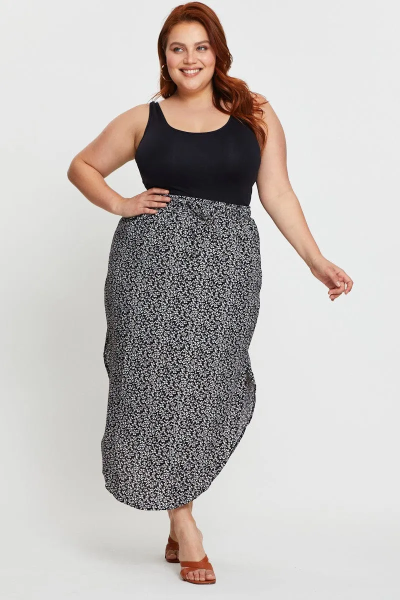 Floral Print Midi Skirt Elastic Waist Classic Appeal
