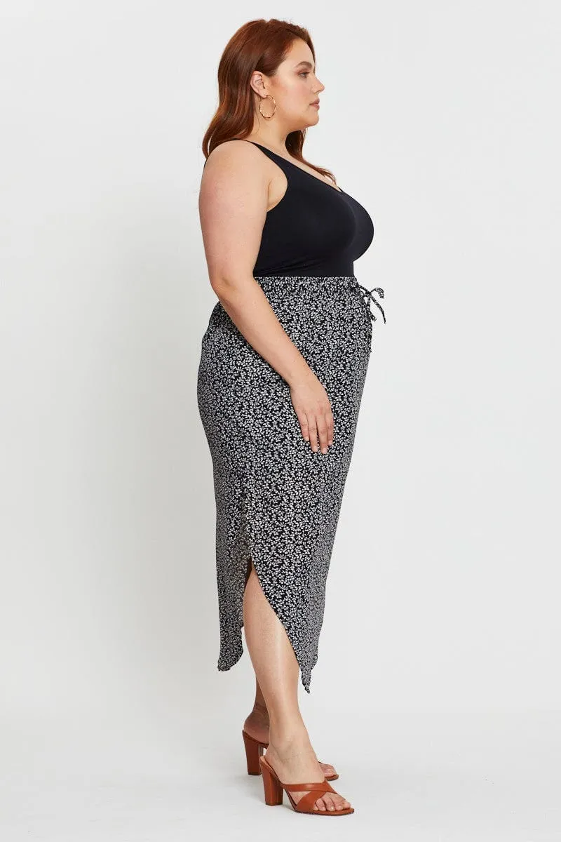 Timeless Trend Seamless Design Floral Print Midi Skirt Elastic Waist