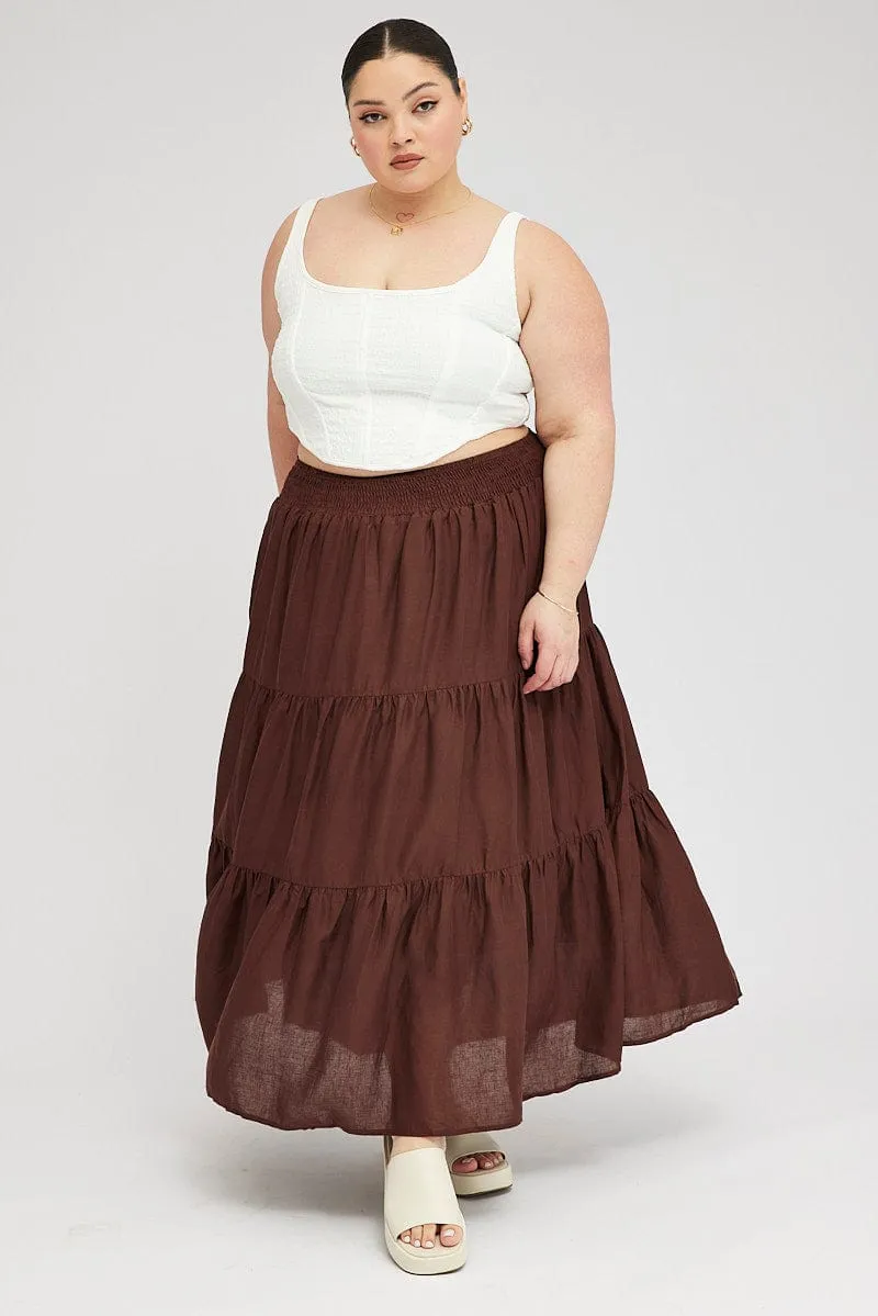 Brown Maxi Skirt Shirred Waist Tiered Neat Finish