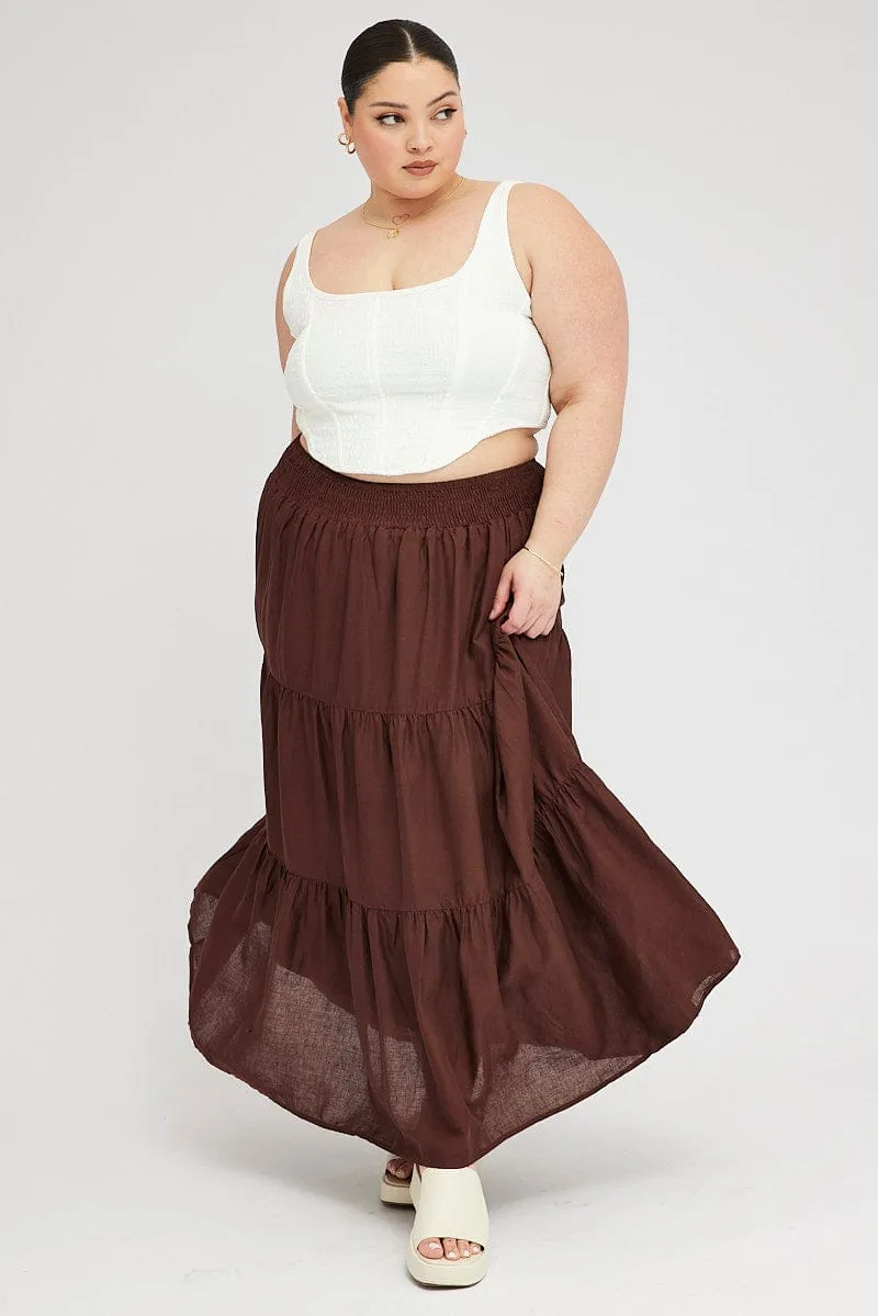 Brown Maxi Skirt Shirred Waist Tiered flared silhouette