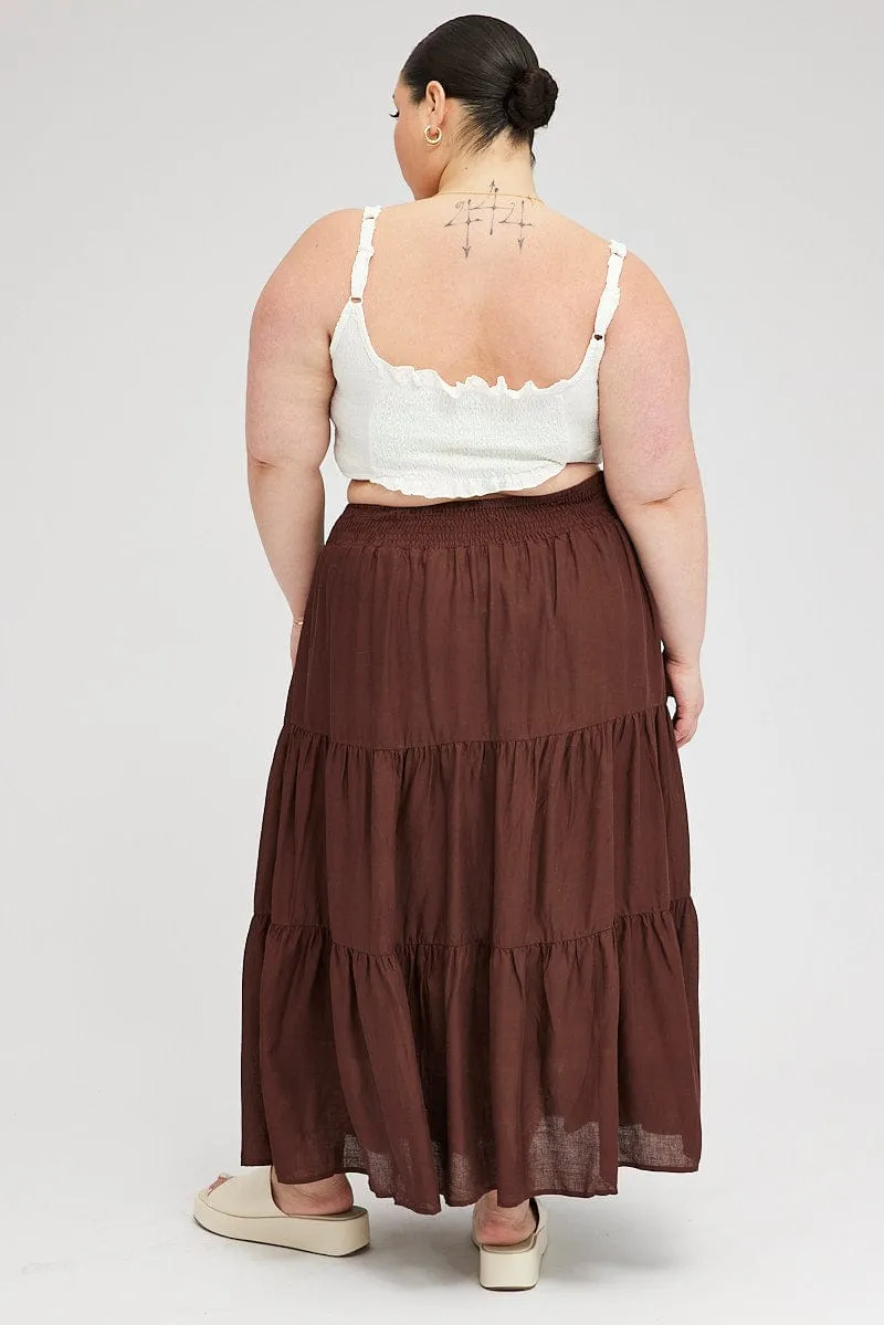 Feminine Charm Pocket Design Brown Maxi Skirt Shirred Waist Tiered