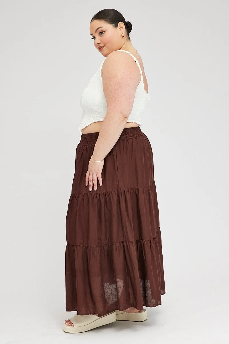Fashion Detail Brown Maxi Skirt Shirred Waist Tiered