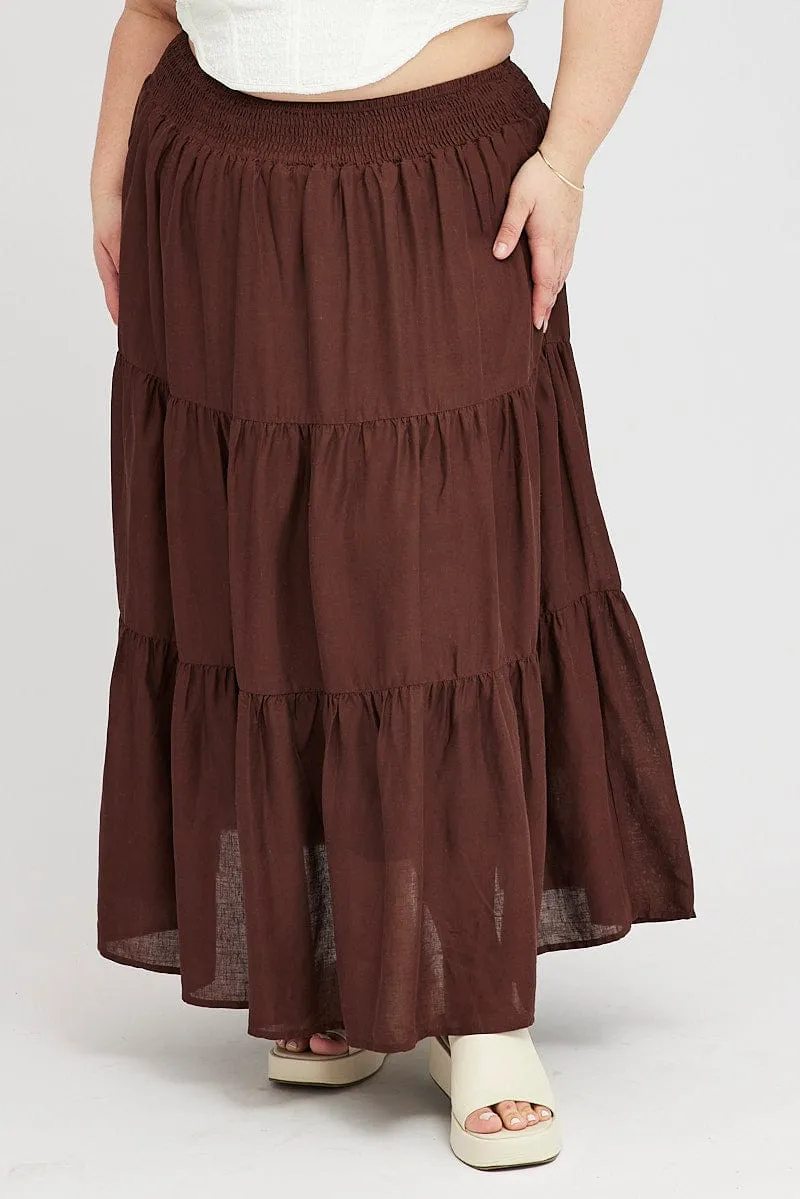 Brown Maxi Skirt Shirred Waist Tiered Hand Painted Everyday Wear