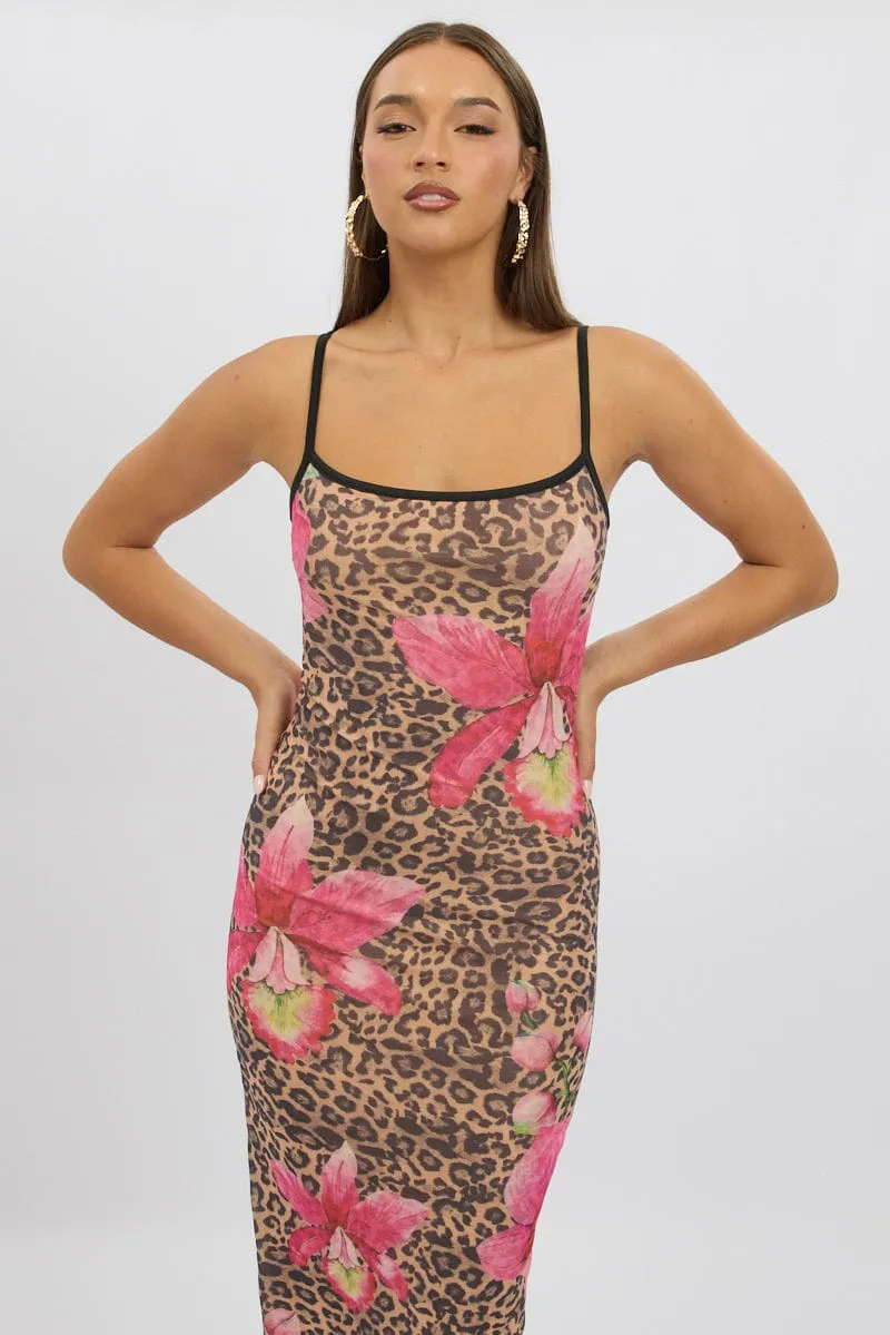 Heat Air Multi Animal Print Bodycon Dress Maxi Mesh