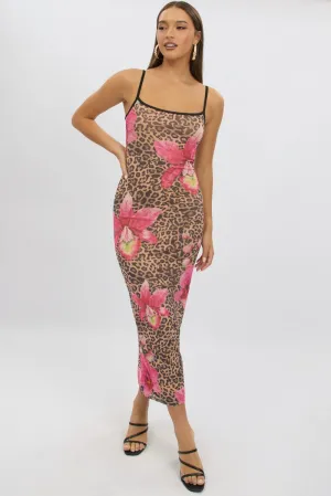 Meadow Path Multi Animal Print Bodycon Dress Maxi Mesh