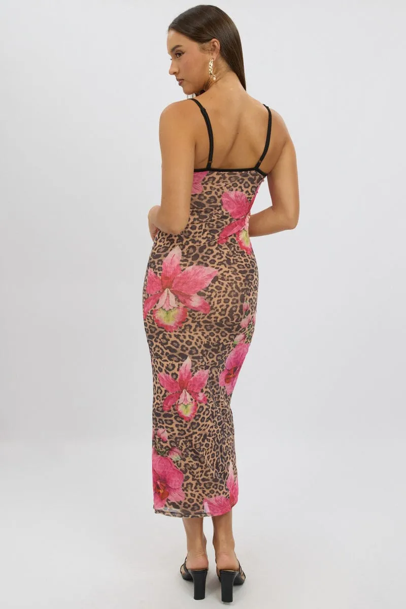 Multi Animal Print Bodycon Dress Maxi Mesh Dusty Rose Cozy evening dress
