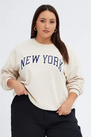 Designer Sports Wear Beige New York Embroidered Sweater