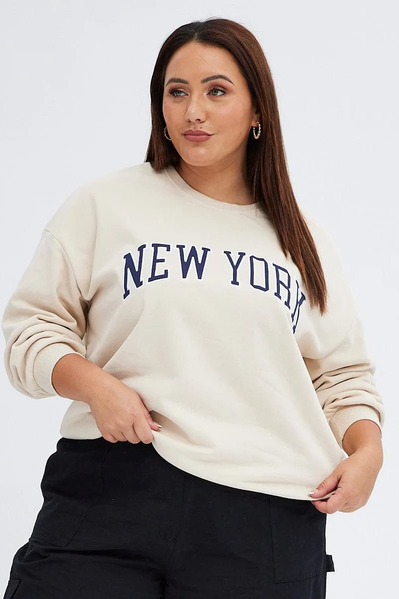 sporty wear Beige New York Embroidered Sweater