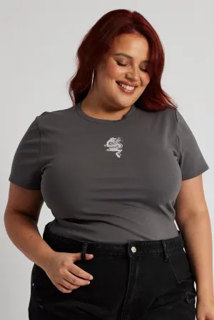 Grey Graphic T-shirt Short Sleeve Crew Neck Embroidered semi-formal style Relaxed Comfort Wear