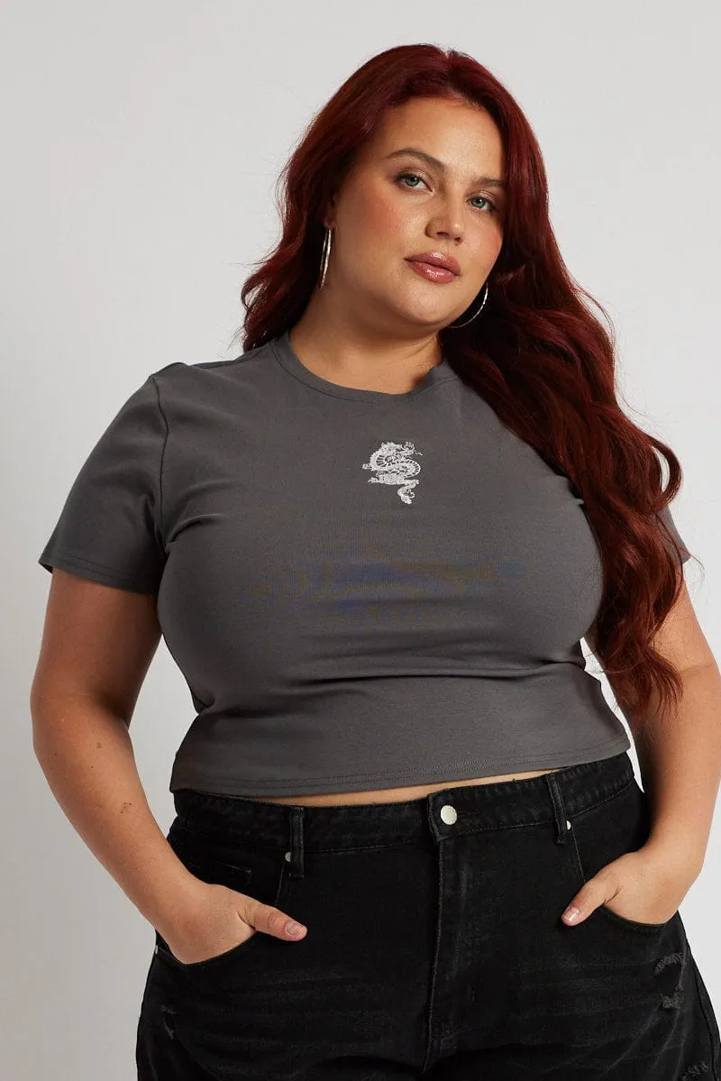 Animal Print Light Trend Grey Graphic T-shirt Short Sleeve Crew Neck Embroidered