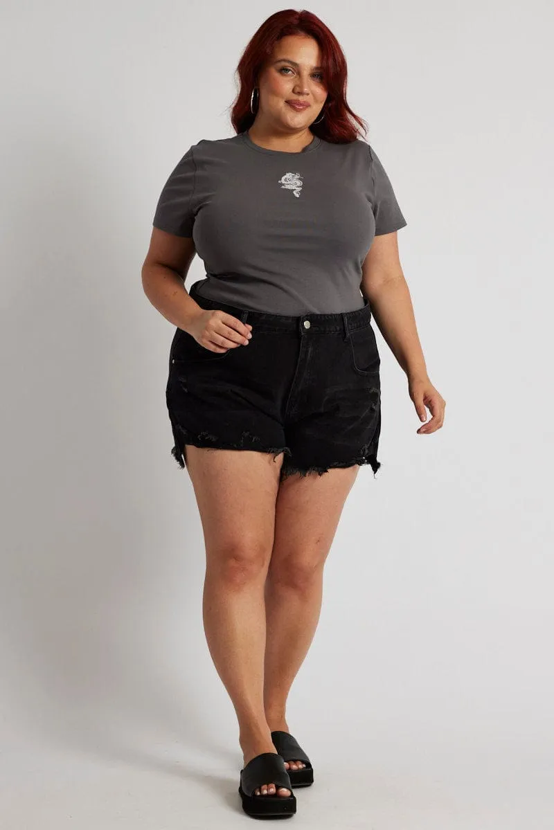 Soft Fabric Grey Graphic T-shirt Short Sleeve Crew Neck Embroidered
