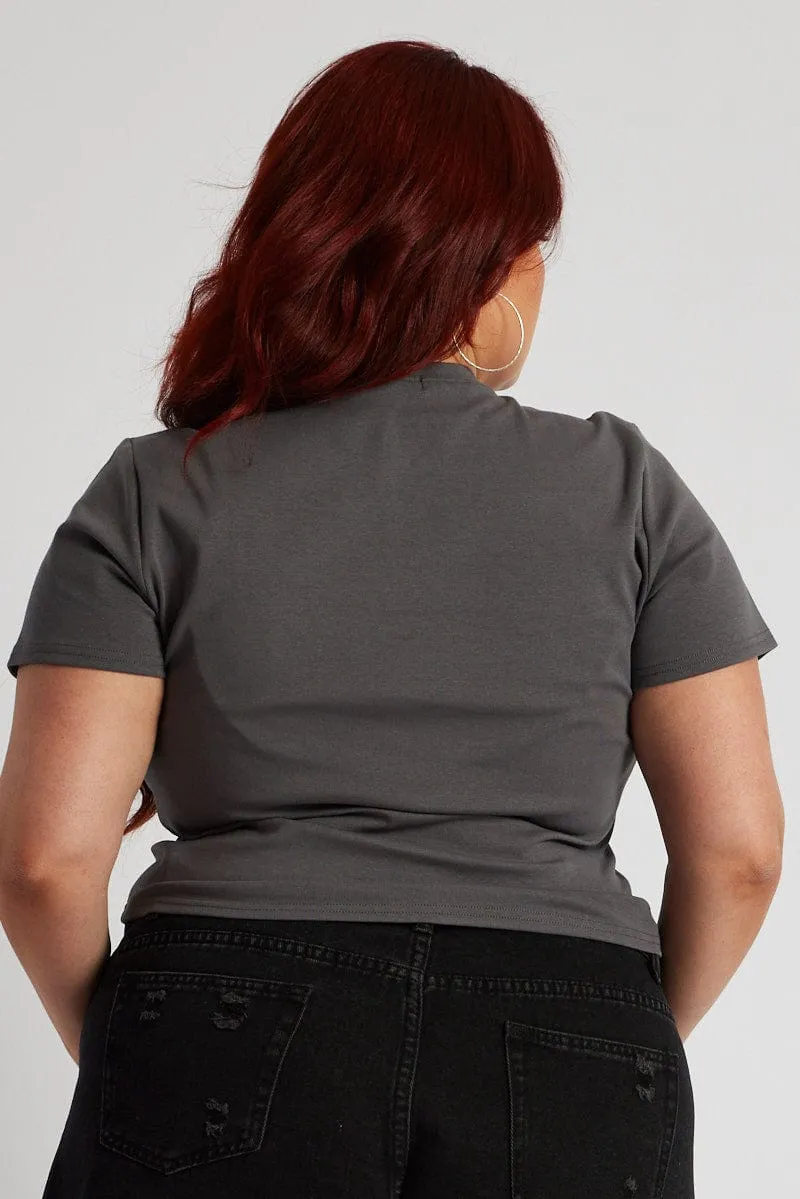 Grey Graphic T-shirt Short Sleeve Crew Neck Embroidered Chilly Comfort High-Quality Fabric