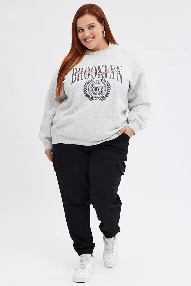 Grey Oversized Sweater Embroidered Cozy Fit