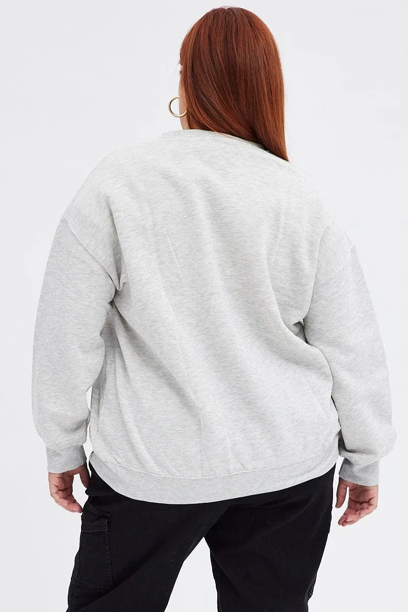 Lightweight Layer Branded Look Grey Oversized Sweater Embroidered